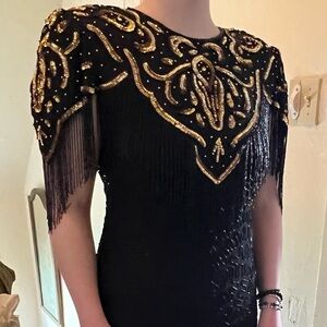 Black and Gold Beaded Silk 80s Maxi Dress